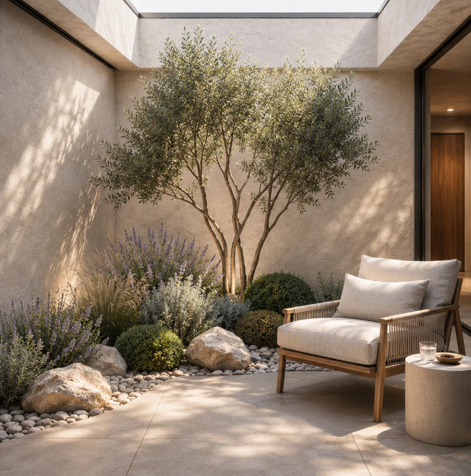 Quiet interior courtyard with natural materials