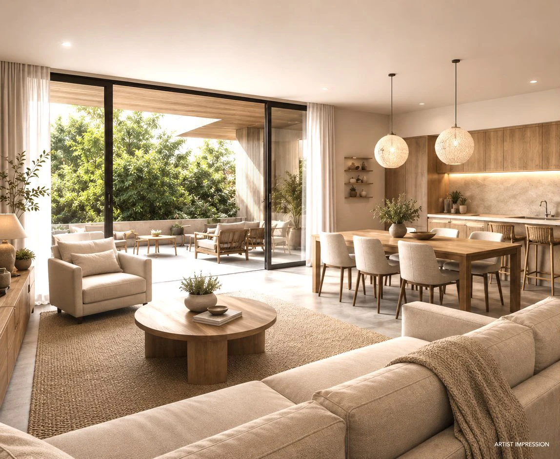Warm open-plan living and kitchen interior